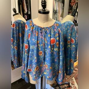 Dalia Floral Blue Women's Long Sleeved Blouse w/Keyhole Tie at Neck, Size Large